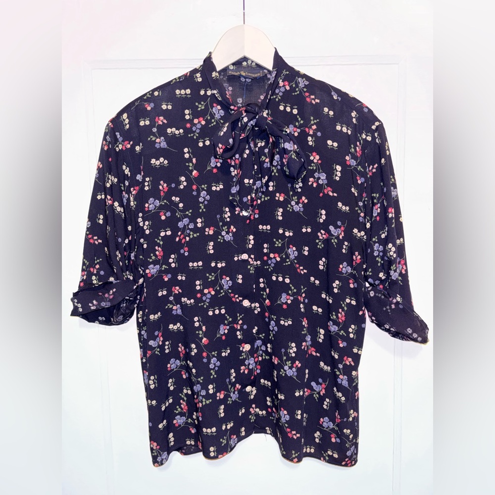 Vintage 80s Ralph Lauren Tie Neck Button Down Blouse Floral Blue Print 8